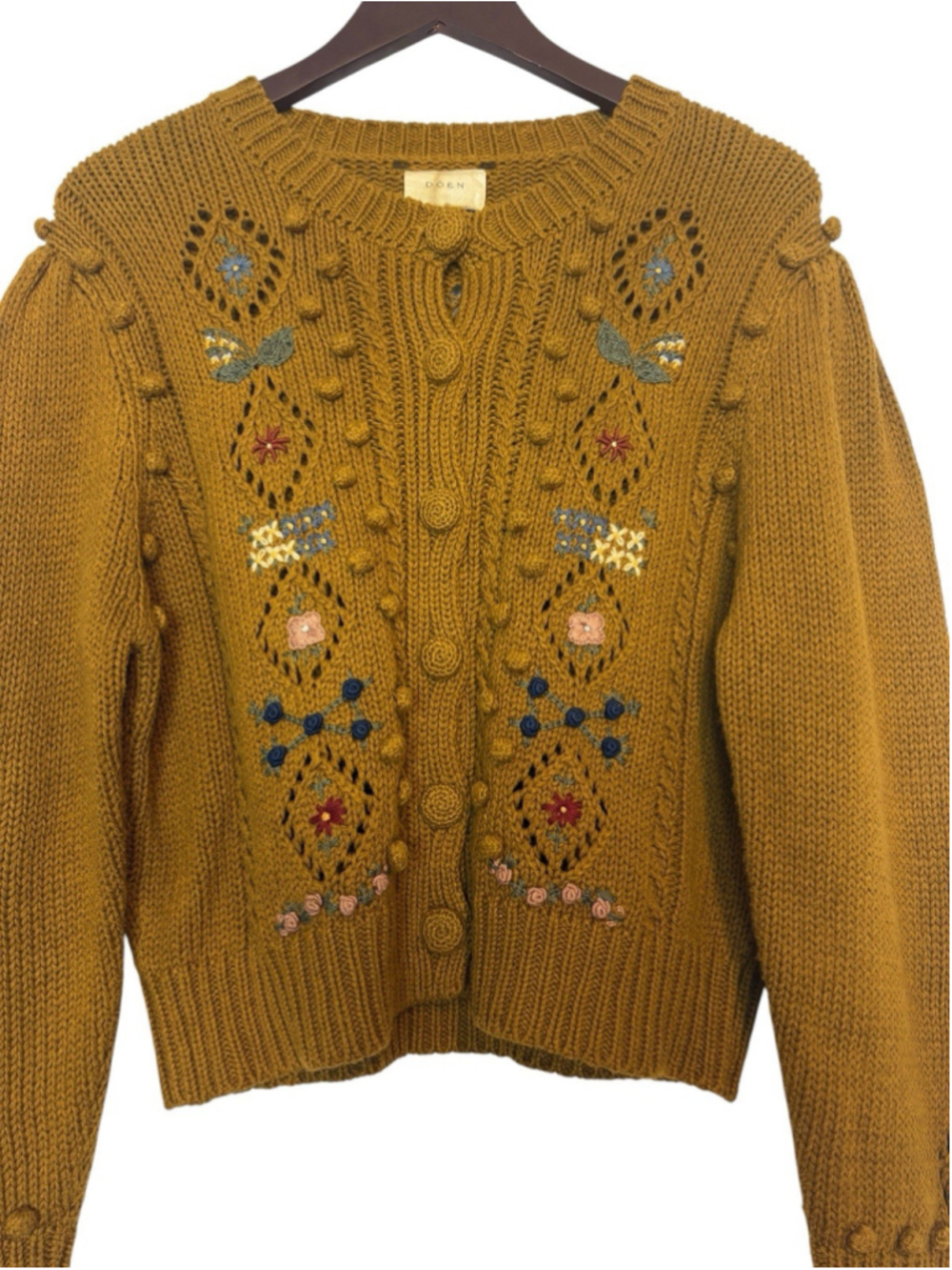 RARE DÔEN Forget Me Not Embroidered Floral Bobble Knit Cardigan Sweater Tan XL - Picture 12 of 14